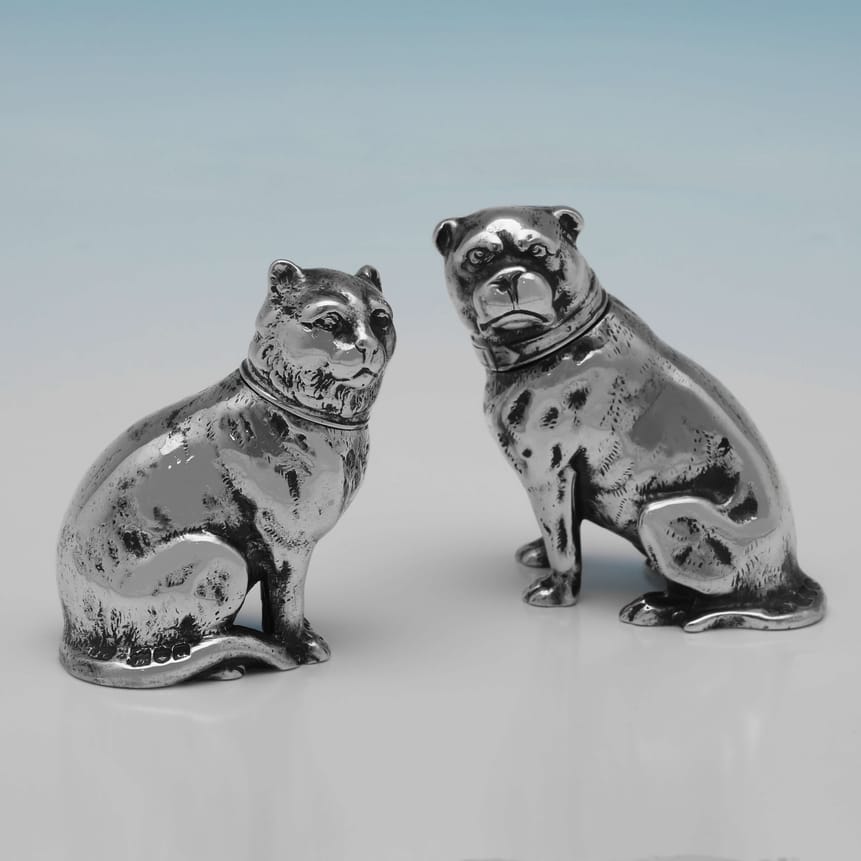 Antique Sterling Silver Dog & Cat Pepper Pots - Stuart Clifford & Co. Hallmarked In 1899 London - Victorian - Image 1