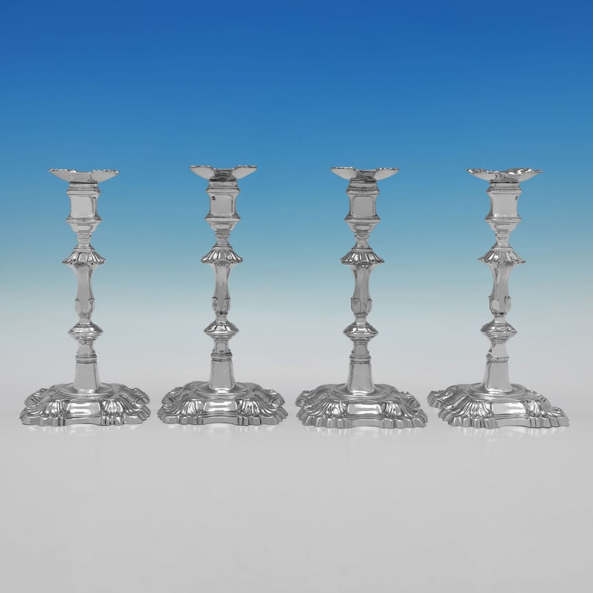 Antique Sterling Silver Set Of Four 'Four Shell' Cast Candlesticks - John Priest Hallmarked In 1753 London - Georgian - I
