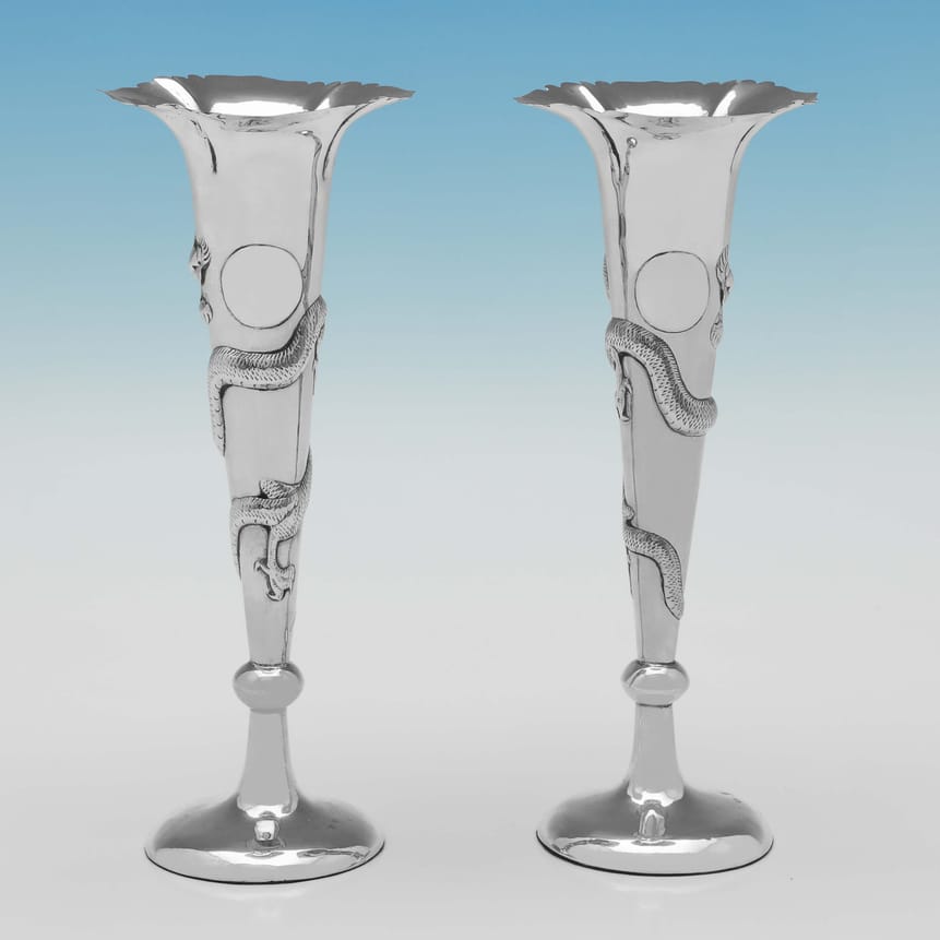 Antique Foreign Silver Pair Of Vases - Wang Hing Made Circa 1900 Unknown - Victorian - Image 1